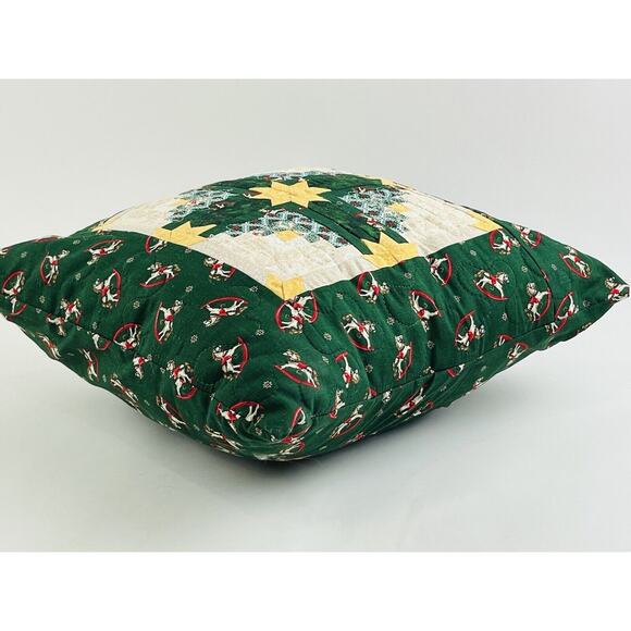 Vintge Christmas Quilted Decor Pillow Red Green Yellow 14x14 Rocking Horse Star - Picture 7 of 11